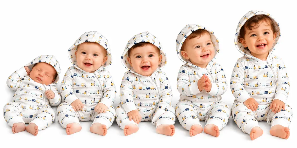Five Smiling Babies in Train-Print Rompers.png.webp