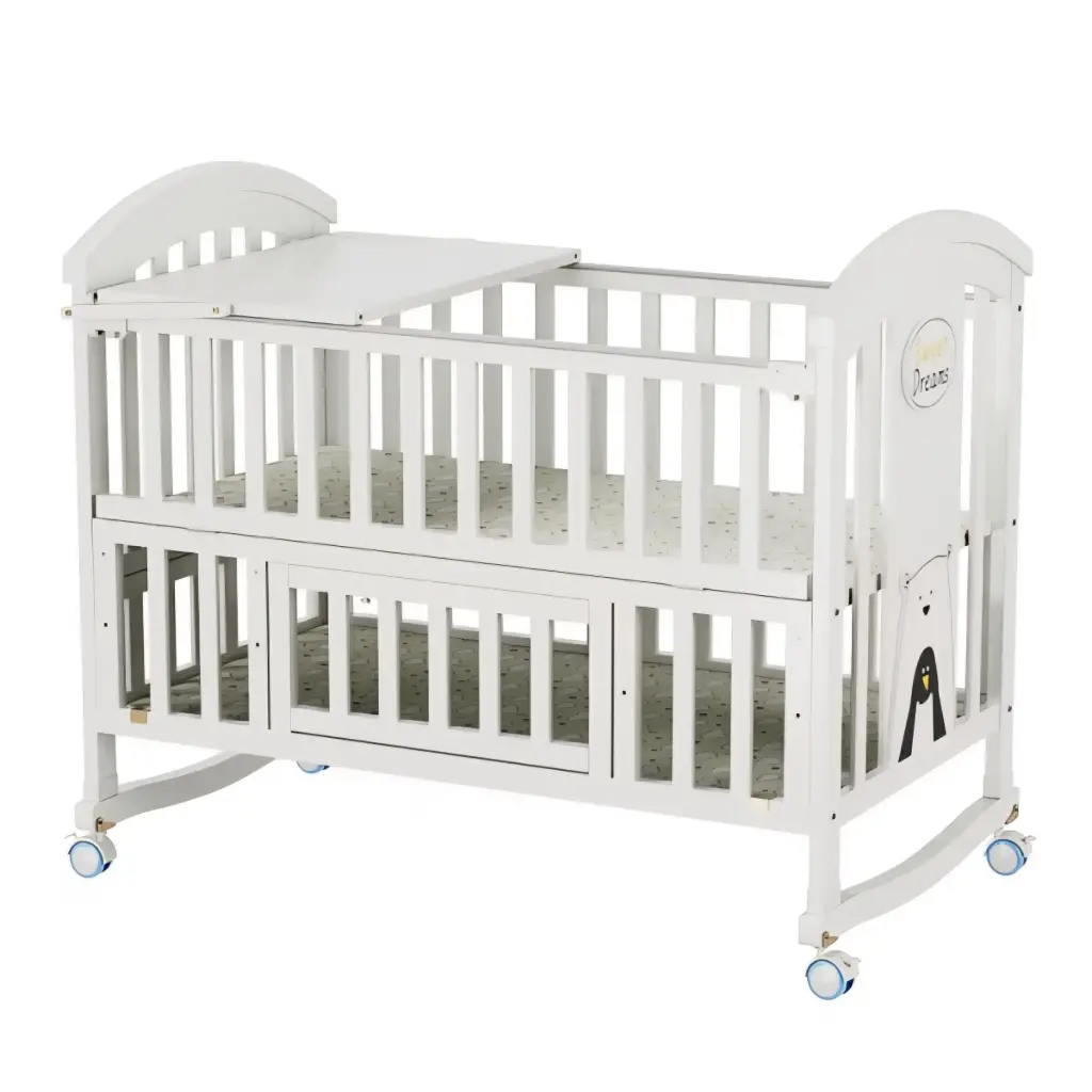 Cool Baby NZ18 Baby Crib 120×65 with Adjustable Levels, Changing Tray, Wheels and Mosquito Net - White