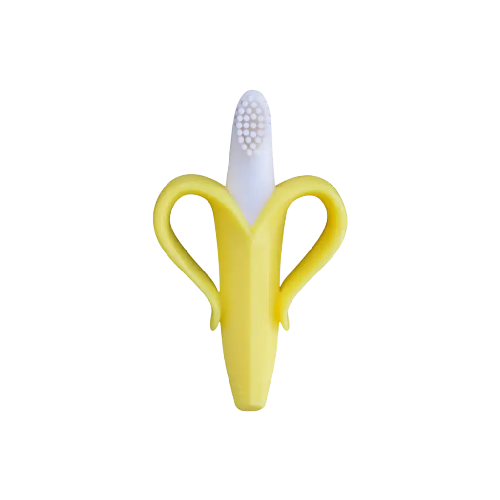 Silicone banana teether and toothbrush in a box