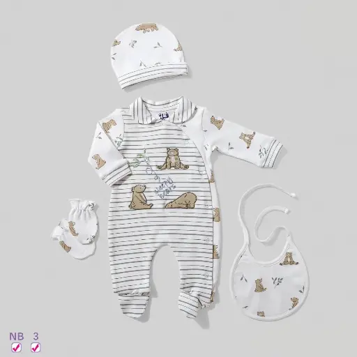 [3006] 4-Piece Interlock Baby Bear Bodysuit Set 15827
