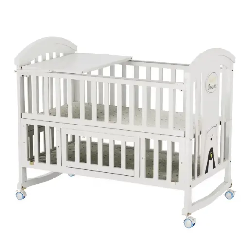 [10017] Cool Baby NZ18 Baby Crib 120×65 with Adjustable Levels, Changing Tray, Wheels and Mosquito Net - White