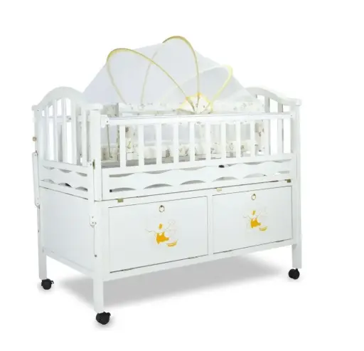 [10019] Cool Baby 888 Baby Crib 120×70 Expandable with Adjustable Levels, Wheels and Mosquito Net - White
