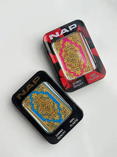 [26229] nap 100% plastic bridge size playing cards metal case card game