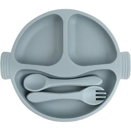 [4484] طقم تغذية سيليكون ترو جولد يتضمن طبق وشوكة وملعقة 4502