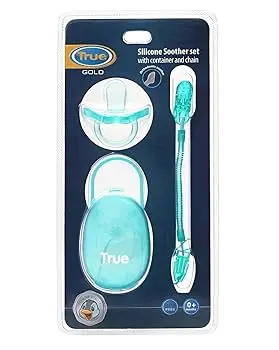 [4493] True Gold Silicon soother set with container & chain 4607